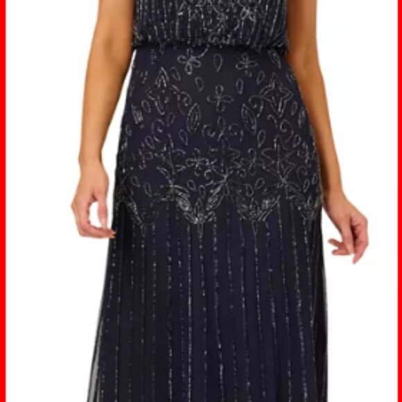 Adrianna Papell Beaded Short-Sleeve Sheer-Overlay Gown - Navy - Women's Size 10 - Picture 4 of 8
